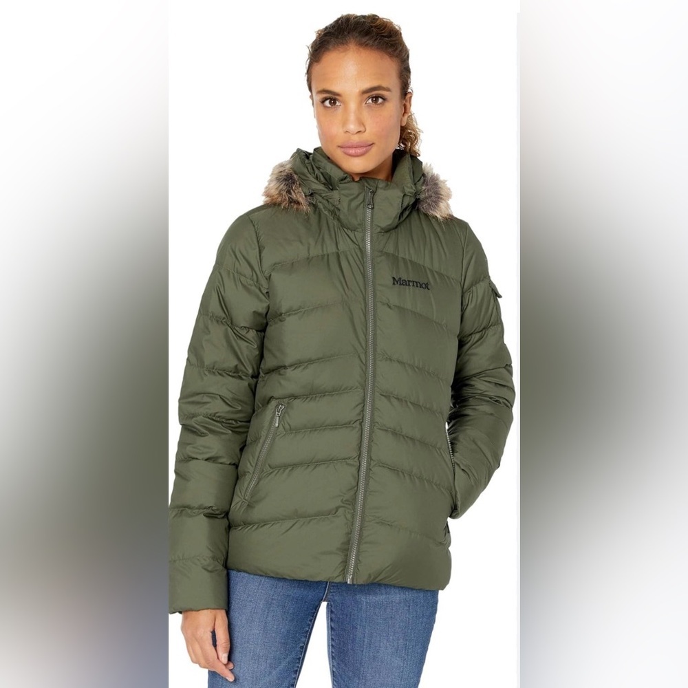 Marmot Ithaca 700 Fill Power Down Hooded Jacket with Faux Fur Trim Green Small